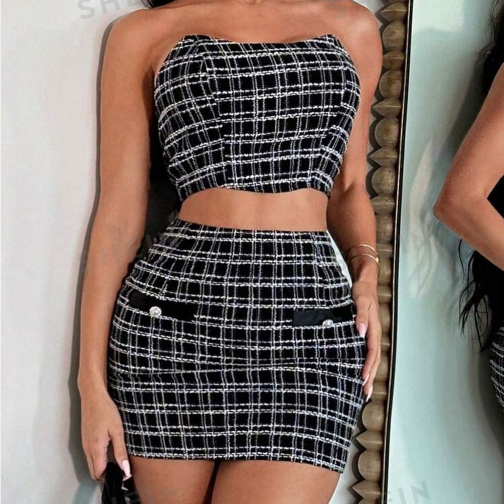 Plaid Print Tube Top & Bodycon Skirt
